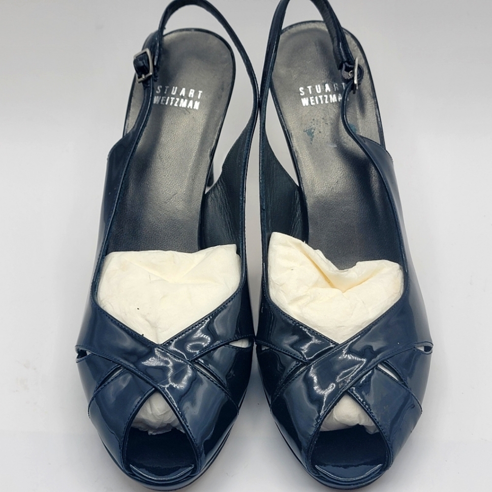 Never Worn! Stuart Weitzman Peep-Toe Patent Leather Navy Pumps Size 10.5 #1526 - Picture 2 of 9
